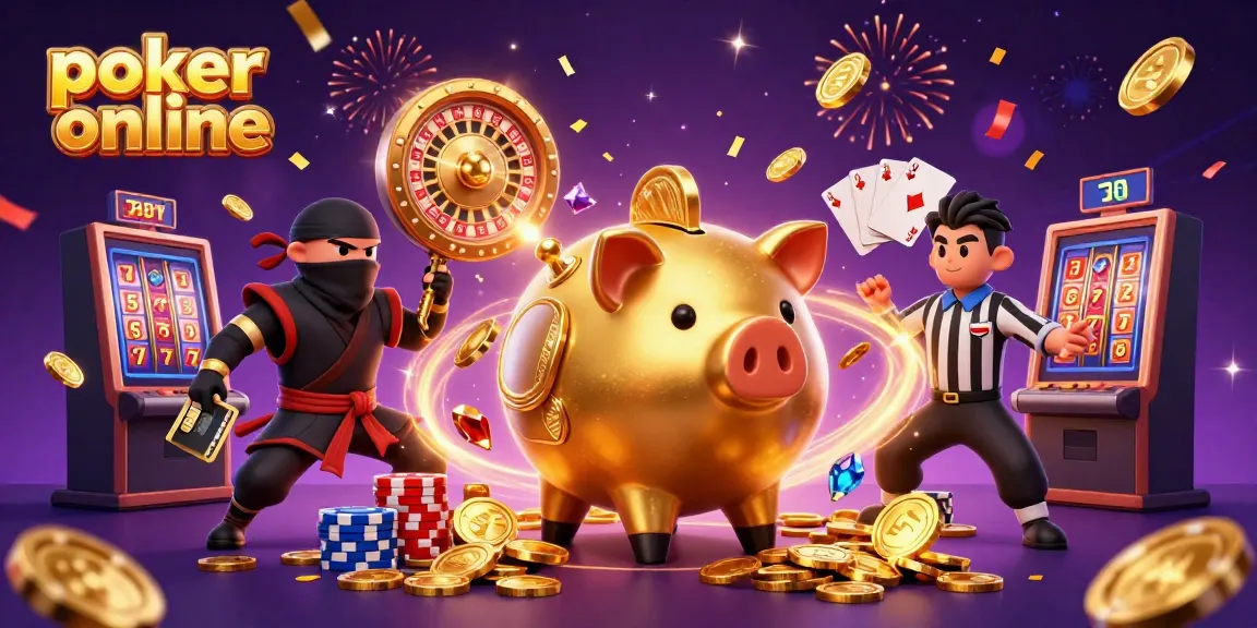 Enjoy classic poker online with a cartoon piggy bank sumo wrestler shaking golden coins everywhere in an exciting scene.