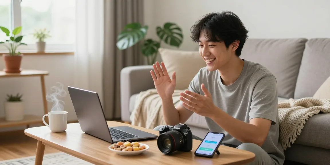 A young adult enjoying a cozy 1v1 chat on video call, highlighting personal connection and comfort.