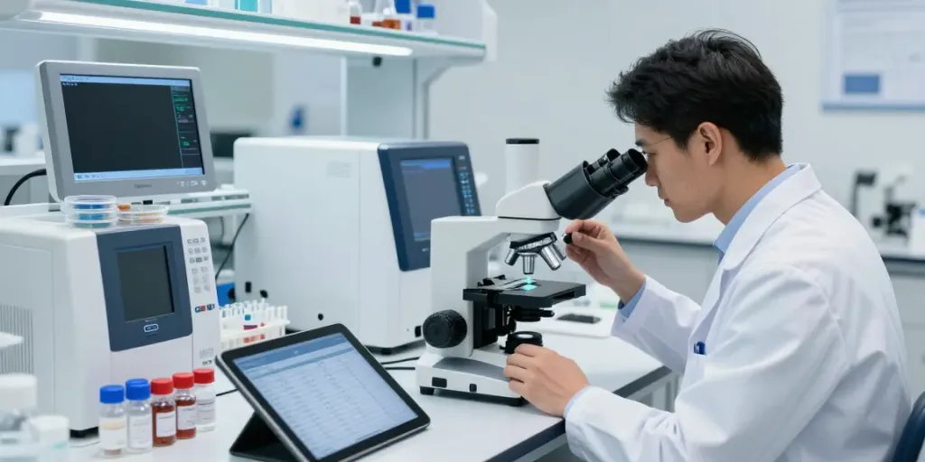 KLOW peptide blend for sale being analyzed in a modern lab by a focused researcher.