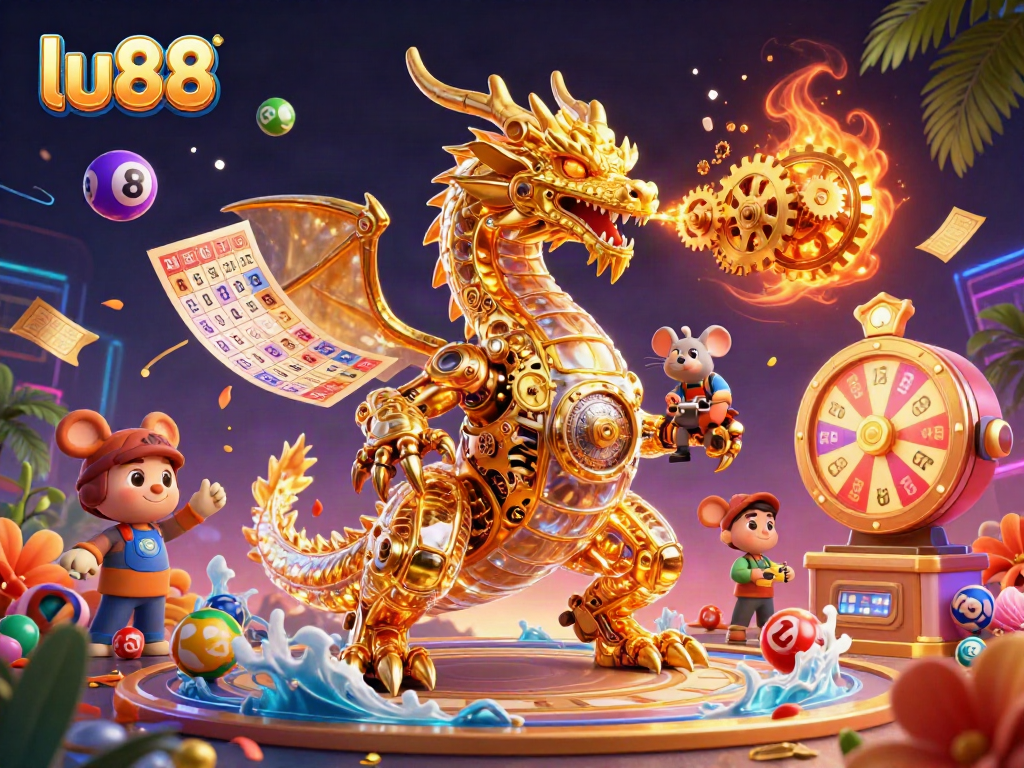 Engage in the exciting world of Lu88 casino with a vibrant 3D digital illustration featuring a golden dragon, dynamic symbols, and thrilling elements
