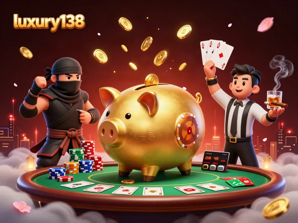 Luxury138 menampilkan pertarungan antara pegulat bank piggy emas dan ninja dompet, dengan suasana casino yang meriah.