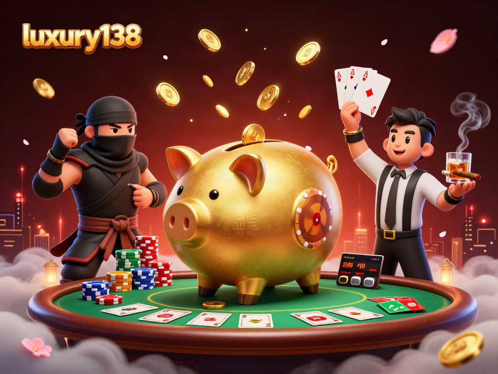 Luxury138 menampilkan pertarungan antara pegulat bank piggy emas dan ninja dompet, dengan suasana casino yang meriah.