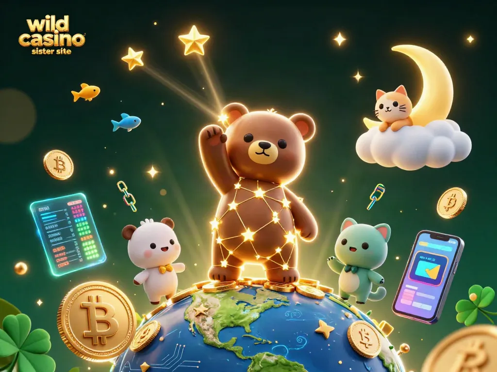 Engage with our vibrant wild casino sister site illustration, showcasing a cosmic bear collecting coins amidst a crypto landscape.