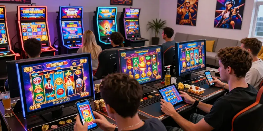 Players enjoying slot gacor games on digital devices in a lively gaming environment.