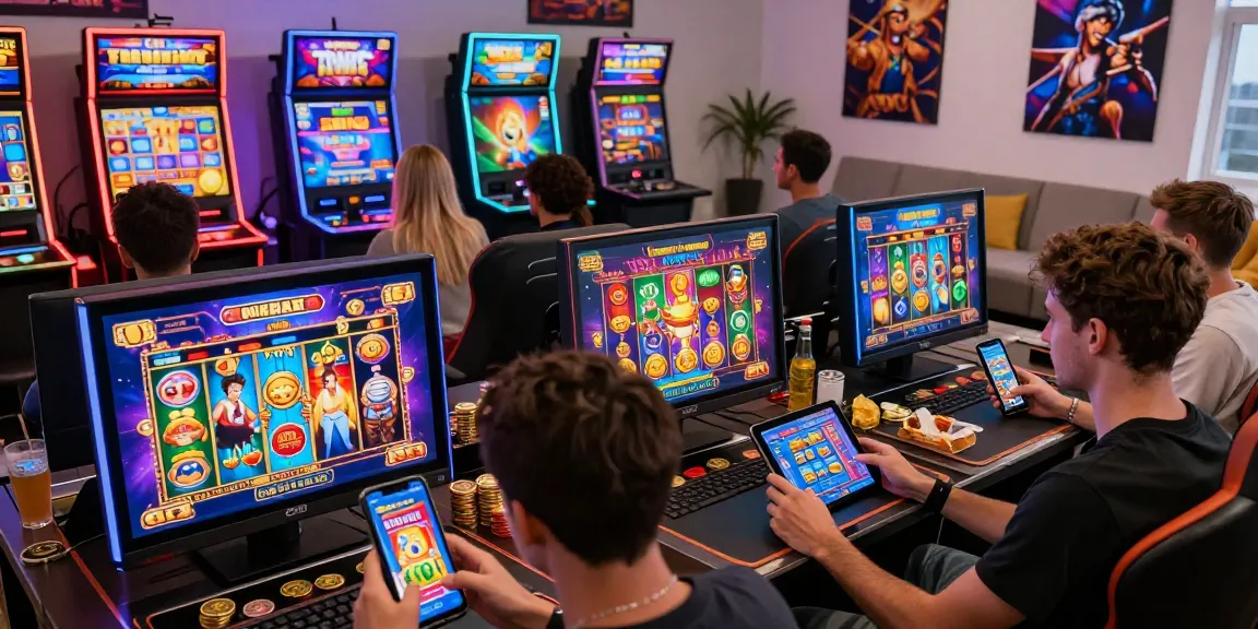 Players enjoying slot gacor games on digital devices in a lively gaming environment.