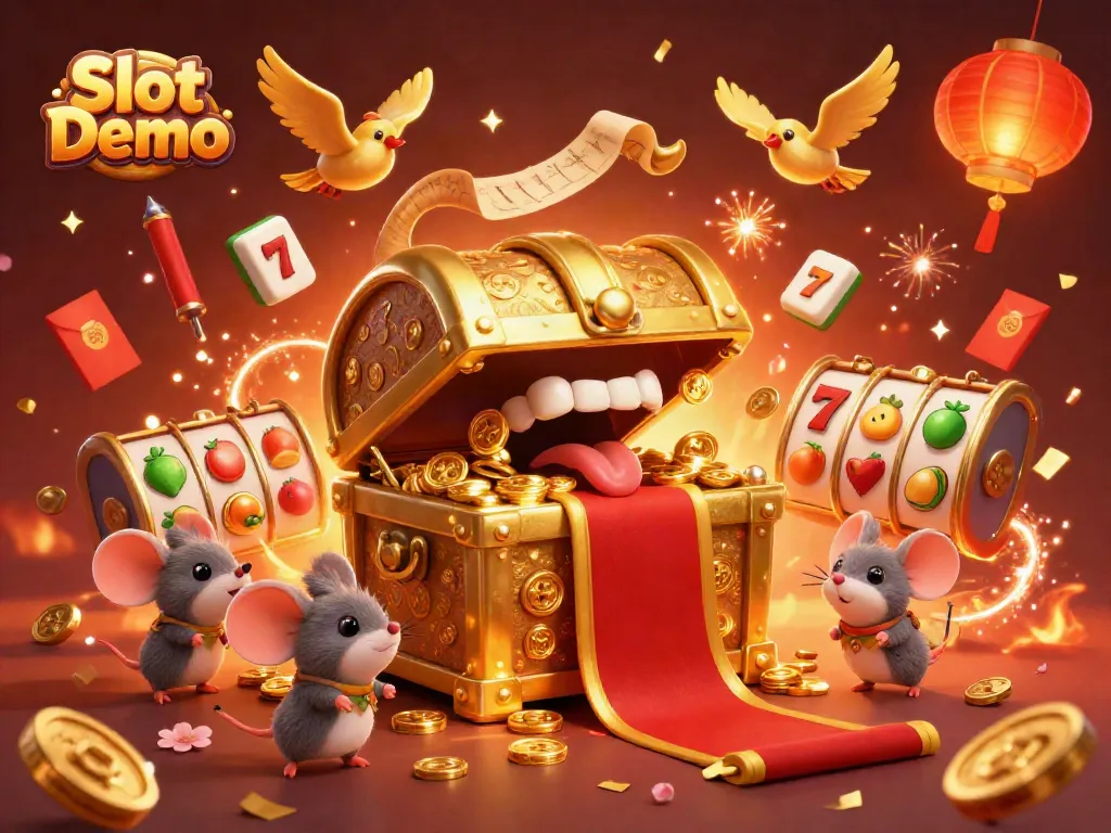 Engage with Slot Demo through a vibrant illustration featuring an adventurous treasure chest and slot elements.