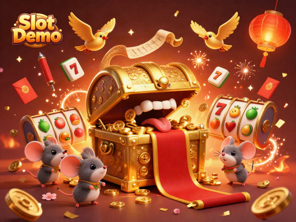 Engage with Slot Demo through a vibrant illustration featuring an adventurous treasure chest and slot elements.