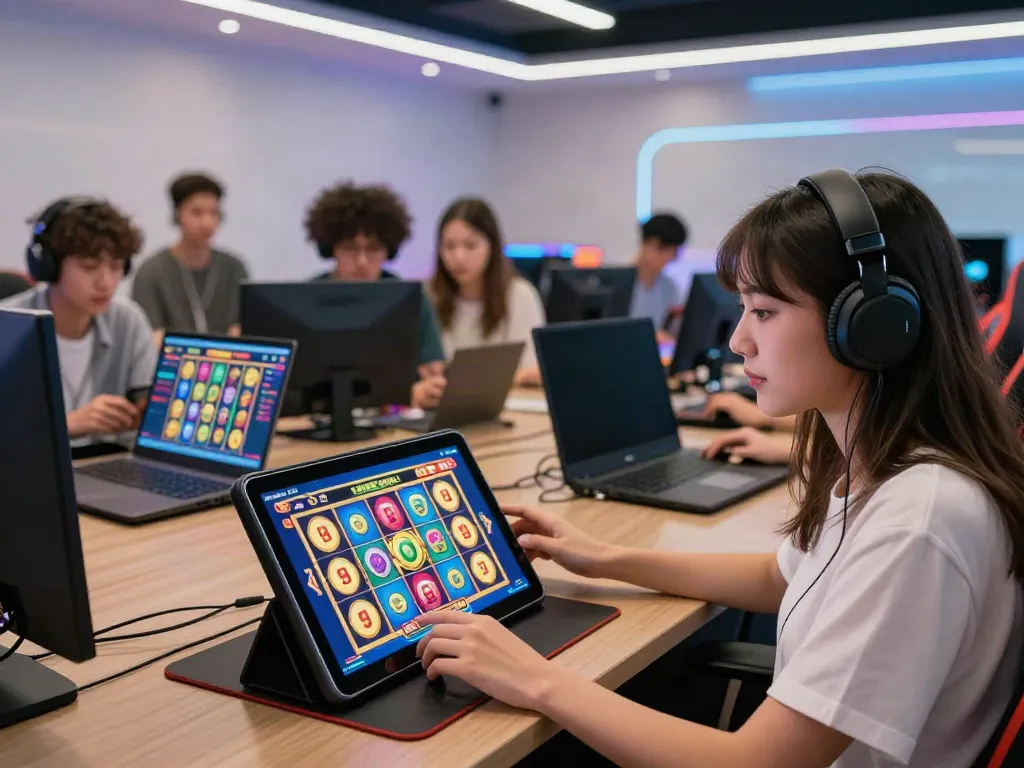 Pemain slot777 yang antusias berinteraksi dengan permainan slot online di tablet di ruang bermain modern.