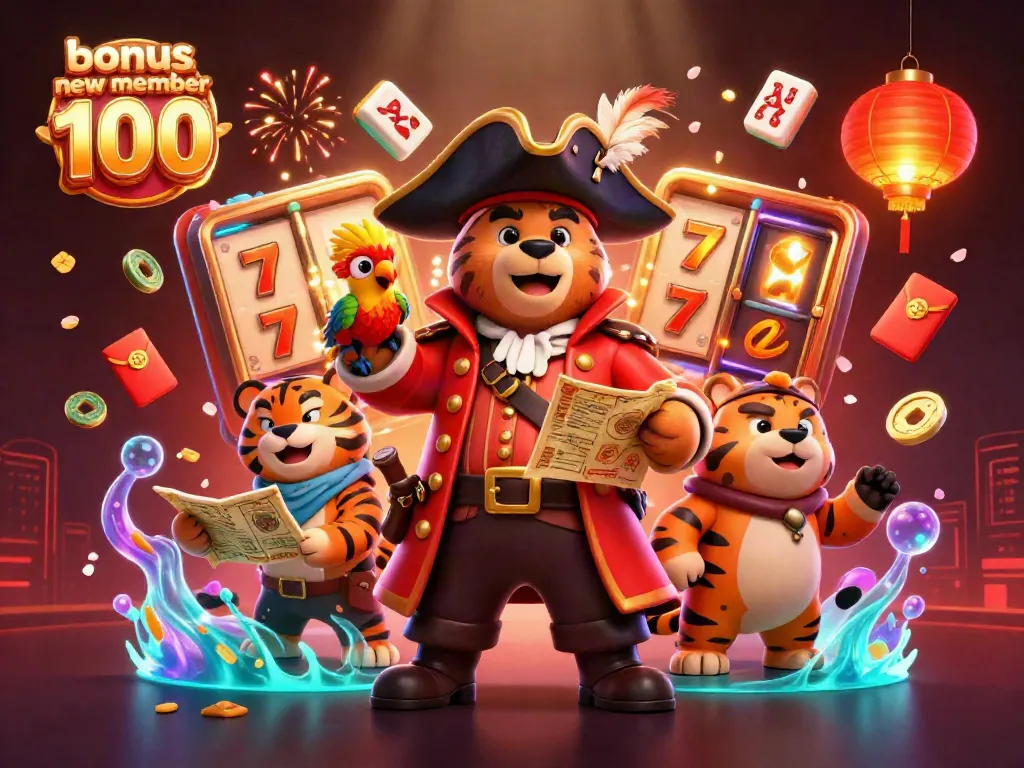 Engage with the thrilling bonus new member 100 slot adventure featuring a pirate bear and tiger amidst vibrant casino elements.