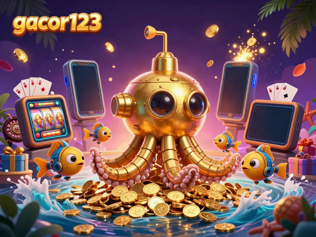 Experience winning with gacor123 in a vibrant 3D casino sea full of gold coins and slot games.