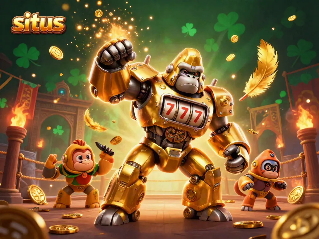 Situs engages players with a golden gorilla mech amidst a dynamic casino battle, enhancing immersive gaming experiences.