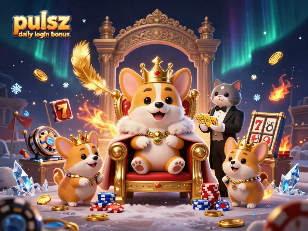 Pulsz daily login bonus features a royal corgi on a poker chip throne with gold coins and slot elements.