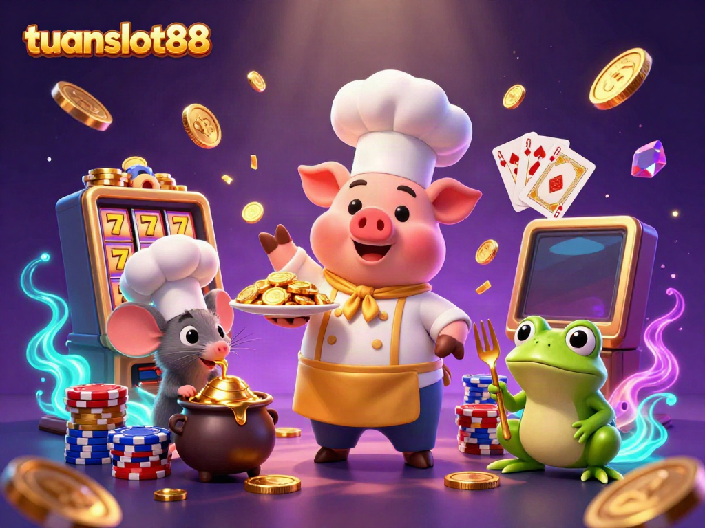 Menarik perhatian dengan tuanslot88, ilusi 3D chef pig dan teman-teman menyajikan koin emas dan simbol slot.