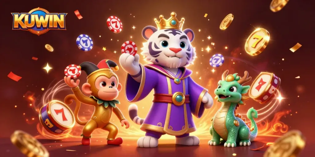 Experience thrilling wins with KUWIN as a playful monkey juggles chips amid dynamic casino elements.