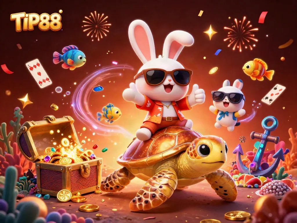 Experience thrills at TIP88 with an exciting 3D illustration featuring lucky characters and vibrant casino elements.