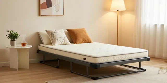 Portable bed set up in a cozy living room, inviting atmosphere.