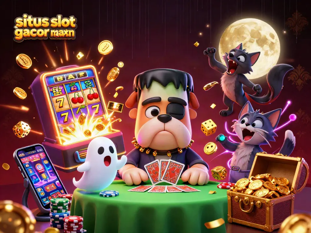 Situs slot gacor maxwin illustrated with a cartoon bulldog monster dealing cards at a vibrant casino table filled with slot symbols.