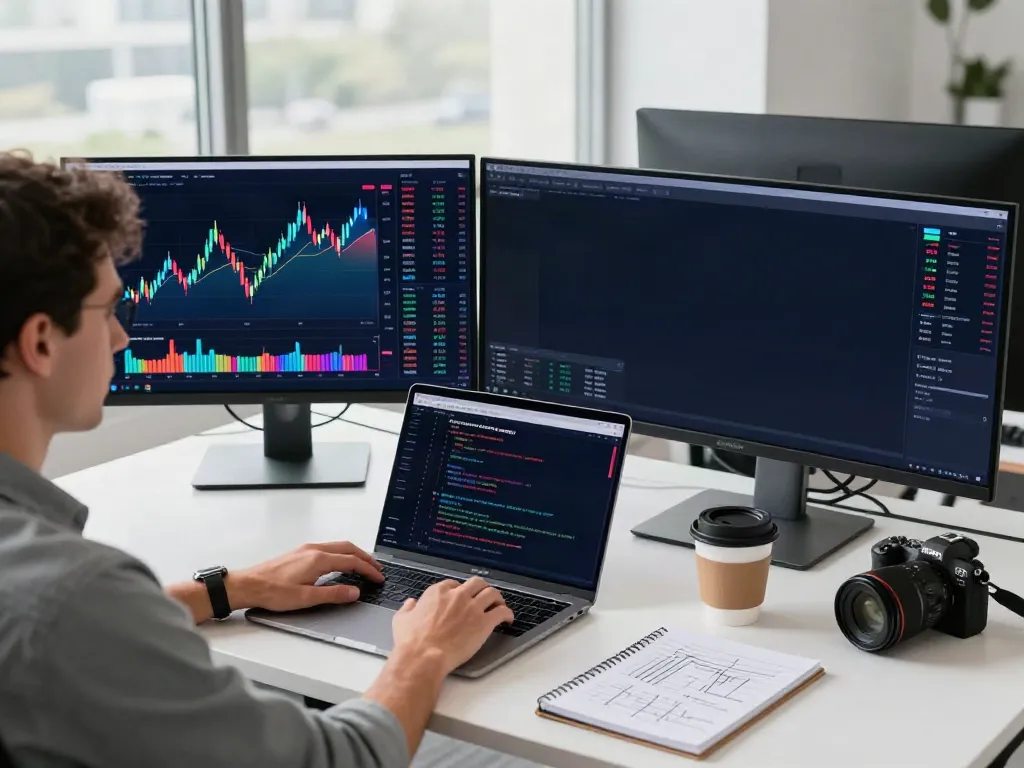Innovative trading workspace displaying currency exchange rate API with cryptocurrency analytics tools and digital wallet.