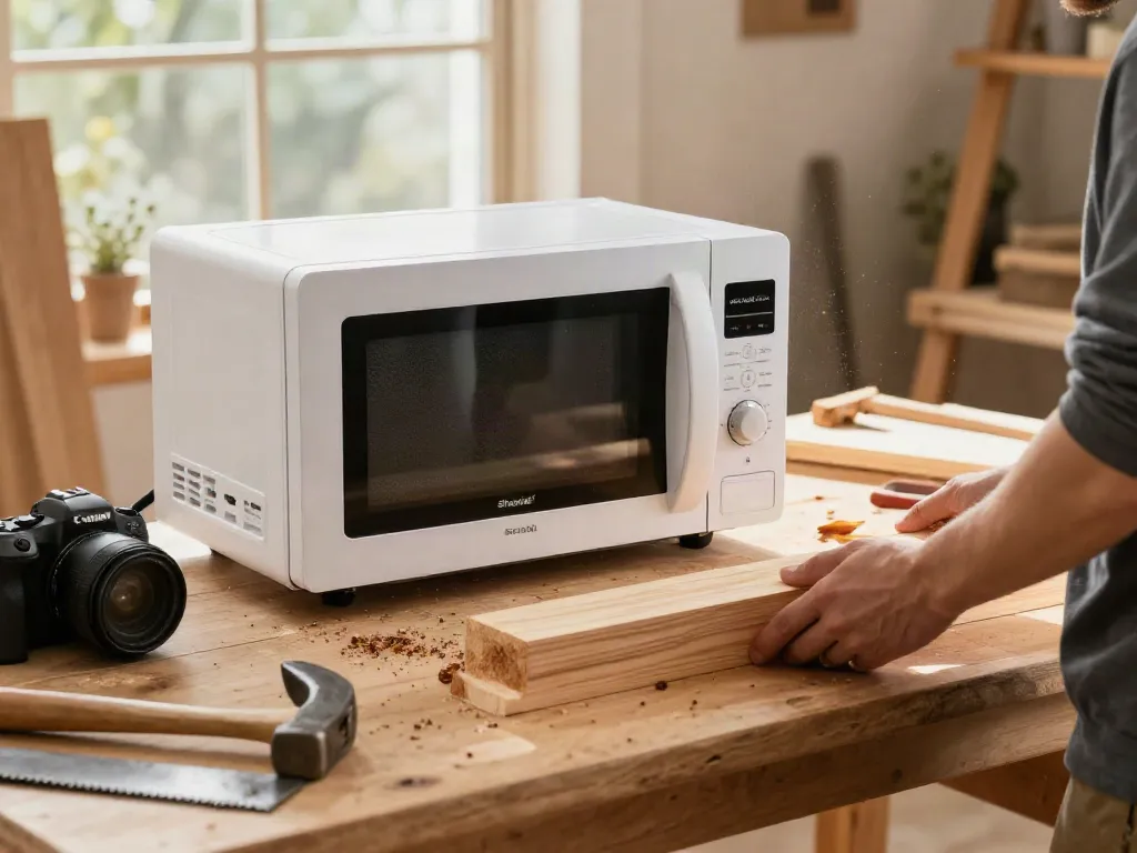 SHASHEL® microwave device eliminating woodworms in a cozy home workshop environment