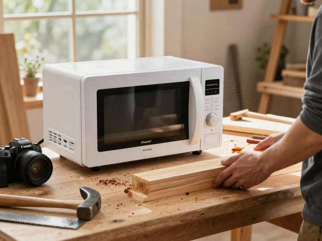 SHASHEL® microwave device eliminating woodworms in a cozy home workshop environment