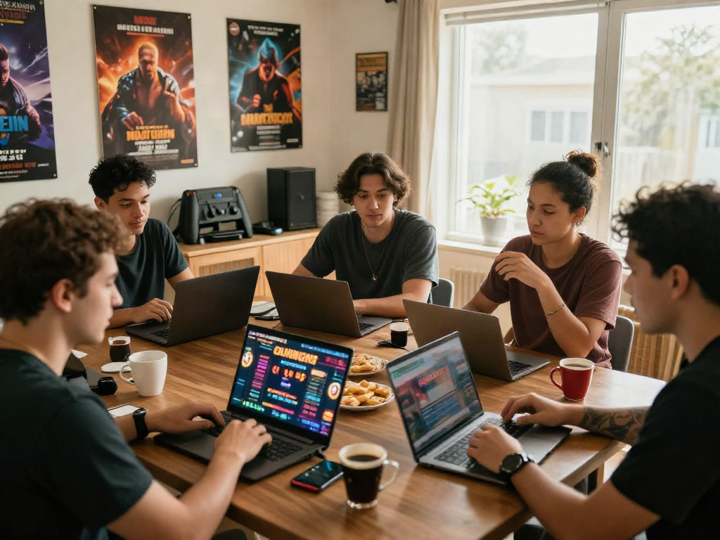 Community members discussing 먹튀검증 practices around laptops in a cozy gaming environment.