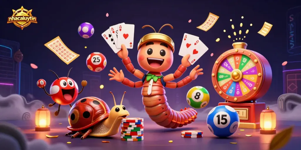Play and win at nhacaiuytin with vibrant casino scene featuring a millipede dealer and colorful game elements.