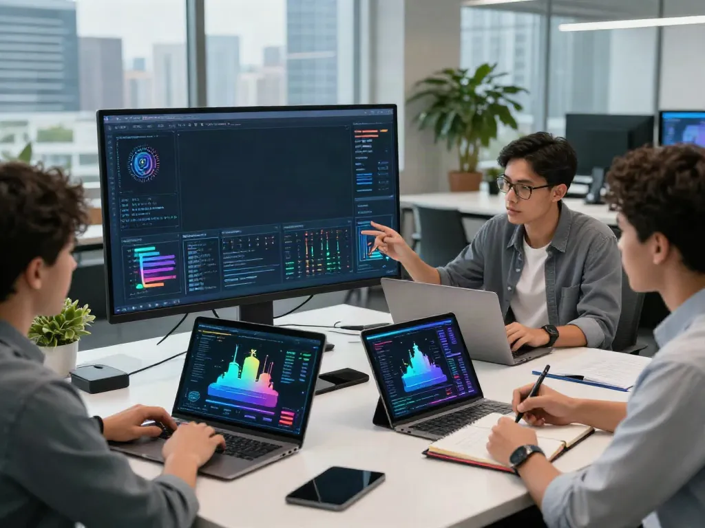 Collaboration in AI Token Economy workspace highlighting data metrics and technology.