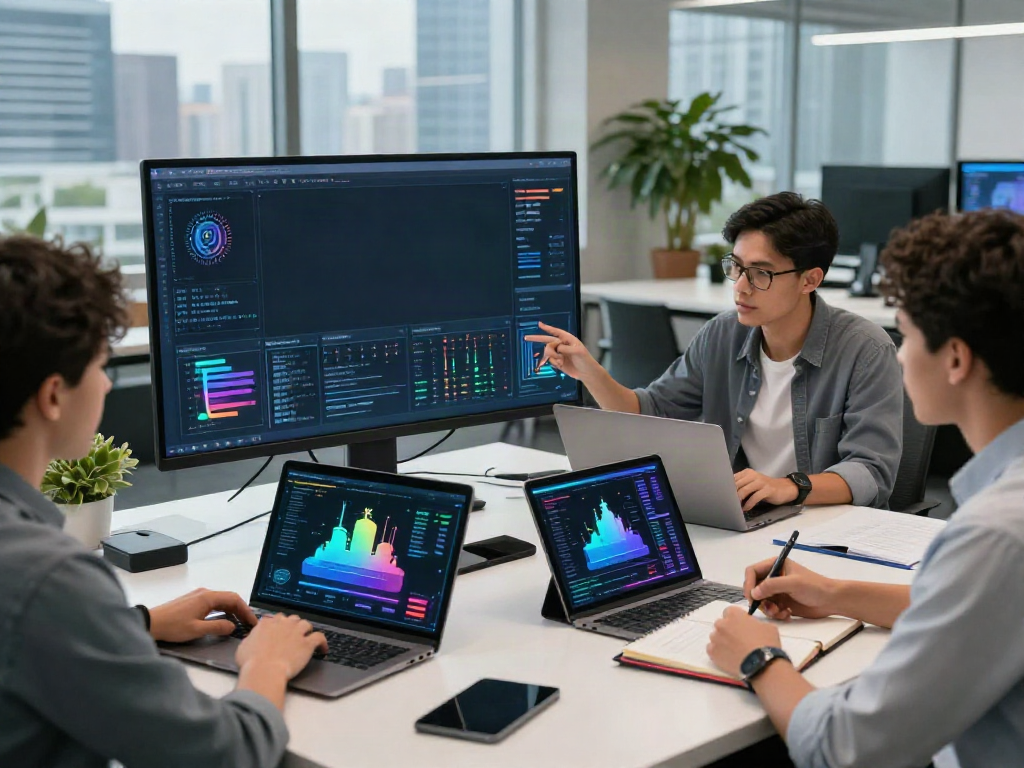 Collaboration in AI Token Economy workspace highlighting data metrics and technology.