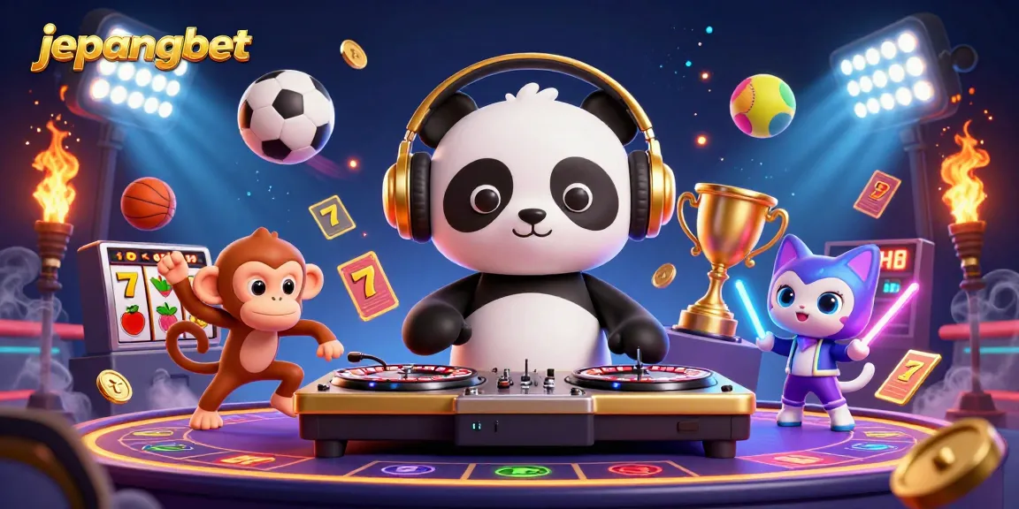 Experience dynamic gaming action with Jepangbet's vibrant 3D illustration of a DJ panda and friends celebrating winnings.