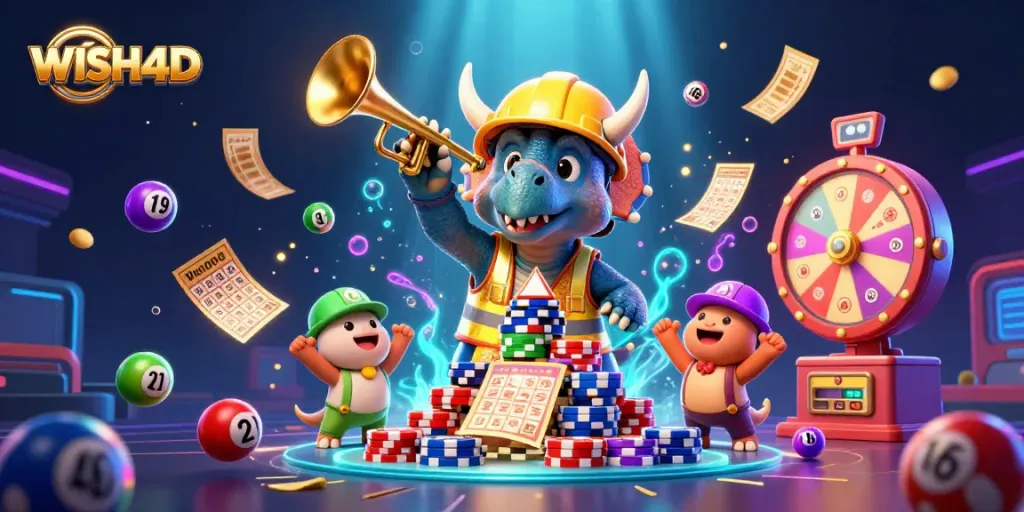 Experience thrilling WISH4D gaming with a vibrant 3D cartoon celebration featuring unique characters and dynamic elements.