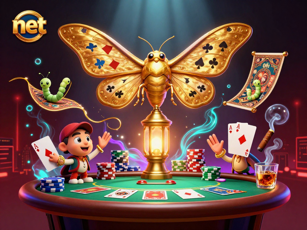 Engage with net gaming experiences featuring a vibrant 3D scene of a moth and poker elements.