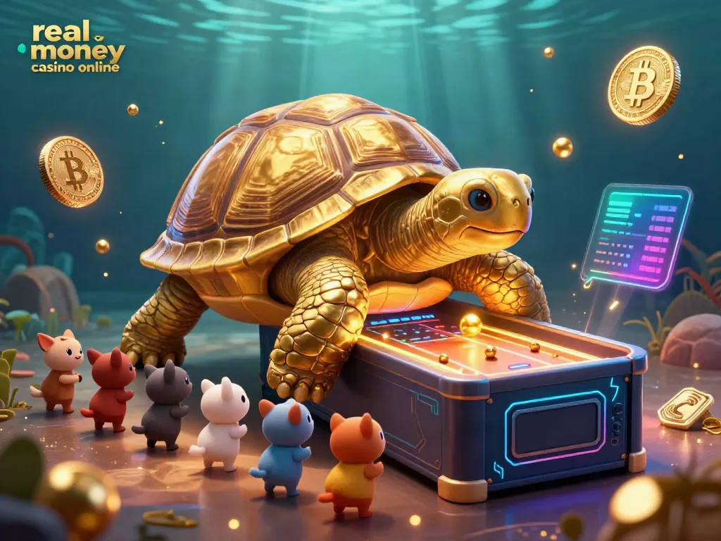 Engage in a vibrant real money casino online experience with a playful turtle pinball machine attracting eager players.
