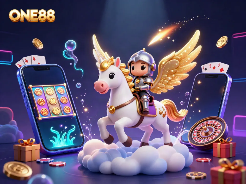 Experience vibrant entertainment with ONE88's celestial horse, dynamic gaming elements, and a whimsical knight.