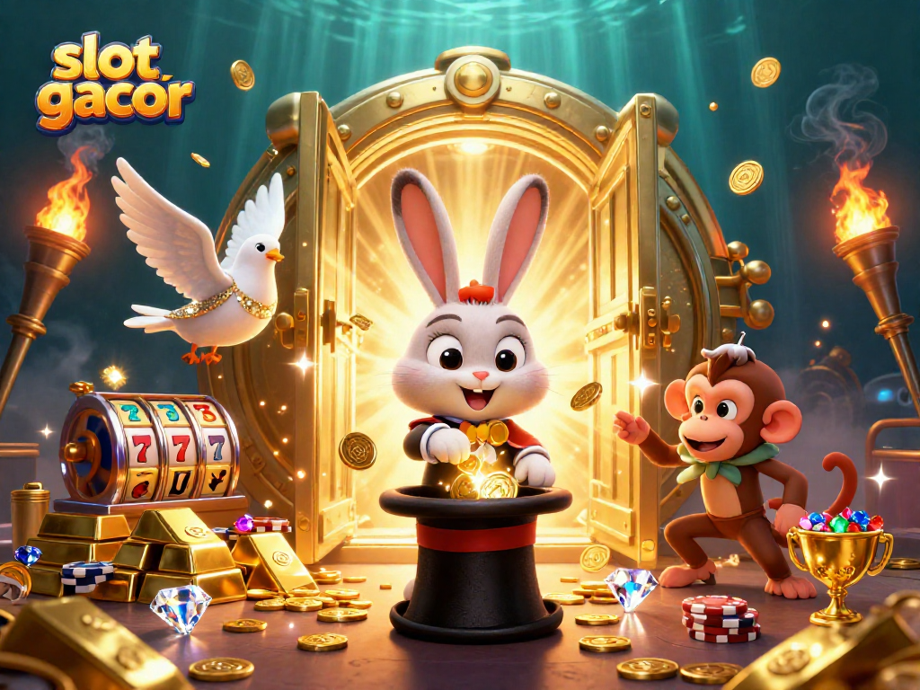Experience slot gacor excitement with a captivating scene of a magical rabbit pulling coins amidst sparkling treasures.