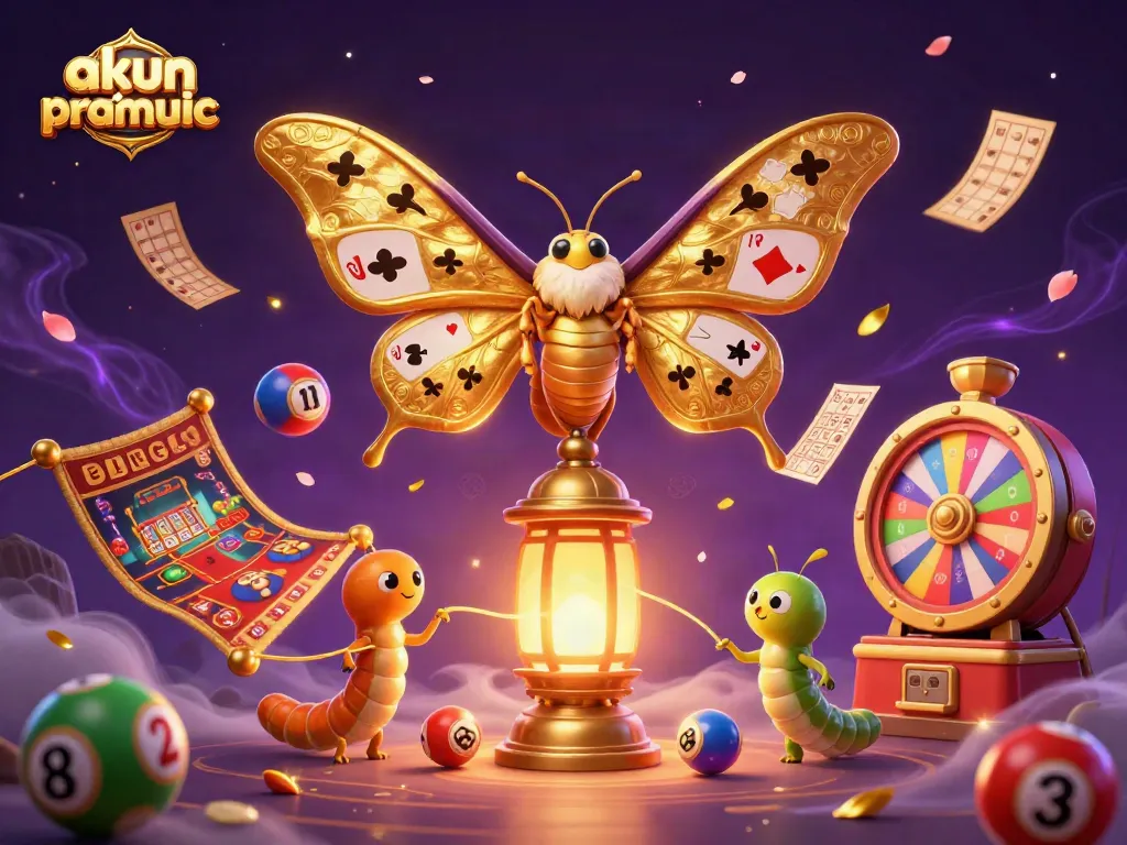 Experience the excitement of akun pragmatic as vibrant casino elements surround a majestic moth in a vivid illustration.
