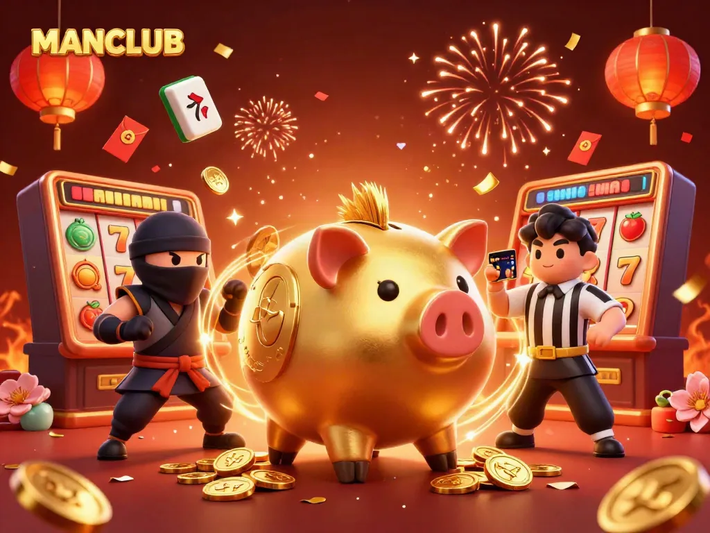 Engage with MANCLUB's dynamic casino scene featuring a golden piggy bank sumo wrestler, wallet ninja, and credit card samurai amidst vibrant slot elements.