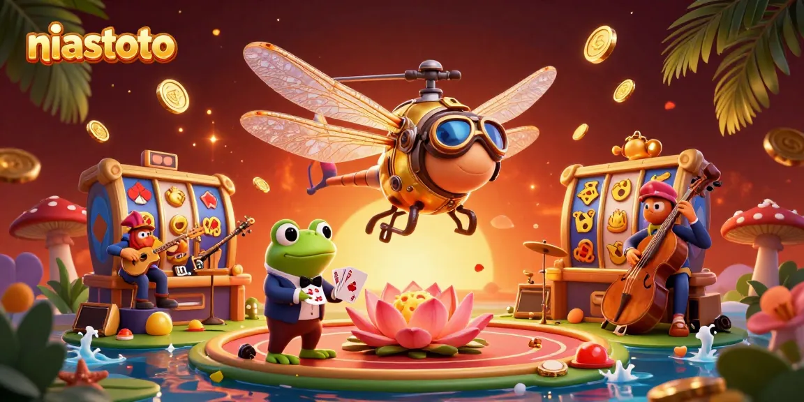 Experience thrilling gameplay with niastoto featuring a dragonfly pilot and a frog croupier.
