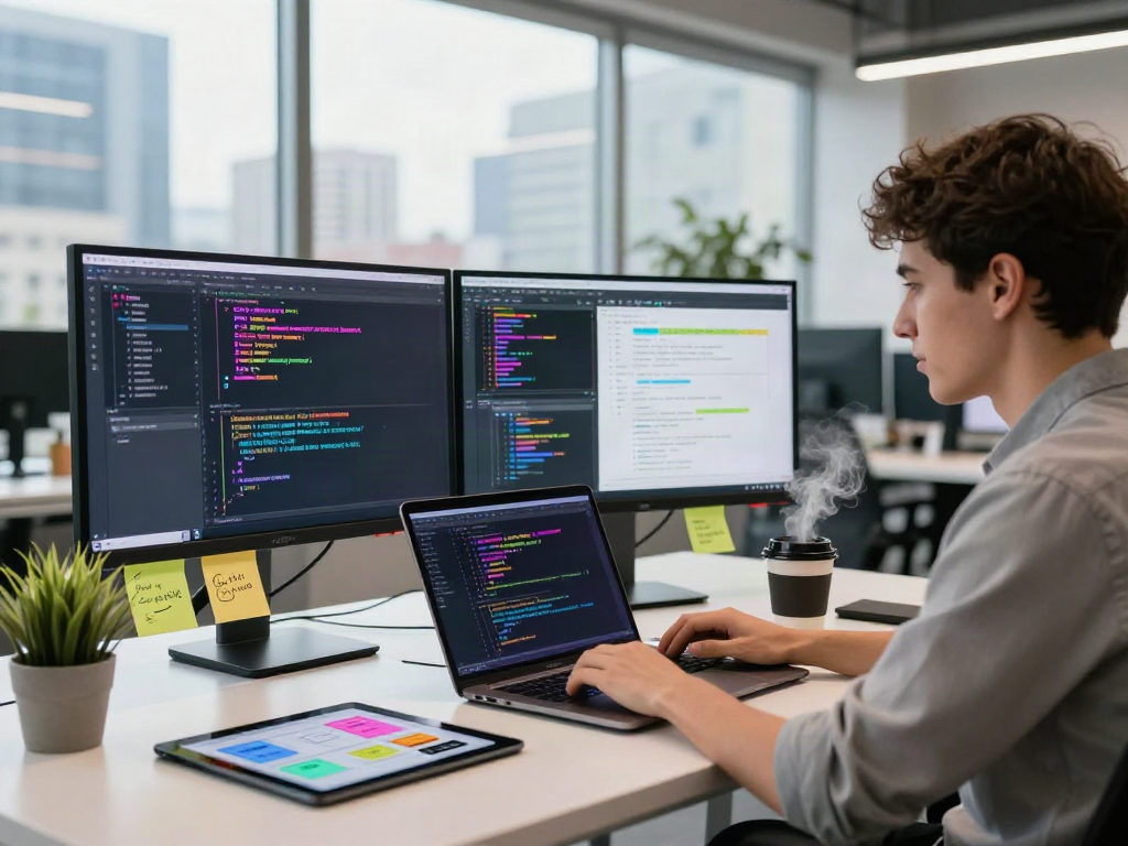 Developer using the pikashow app in a modern workspace with coding on screens.