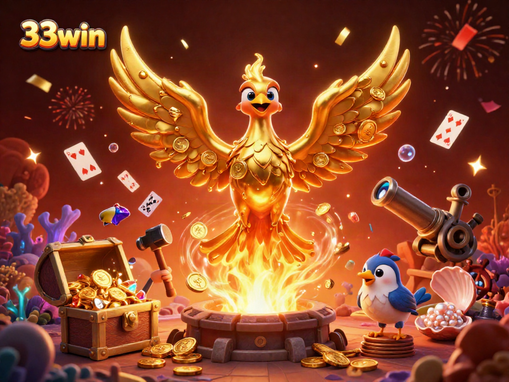 Experience the dynamic world of 33win with a vibrant 3D illustration featuring a golden phoenix and treasure.