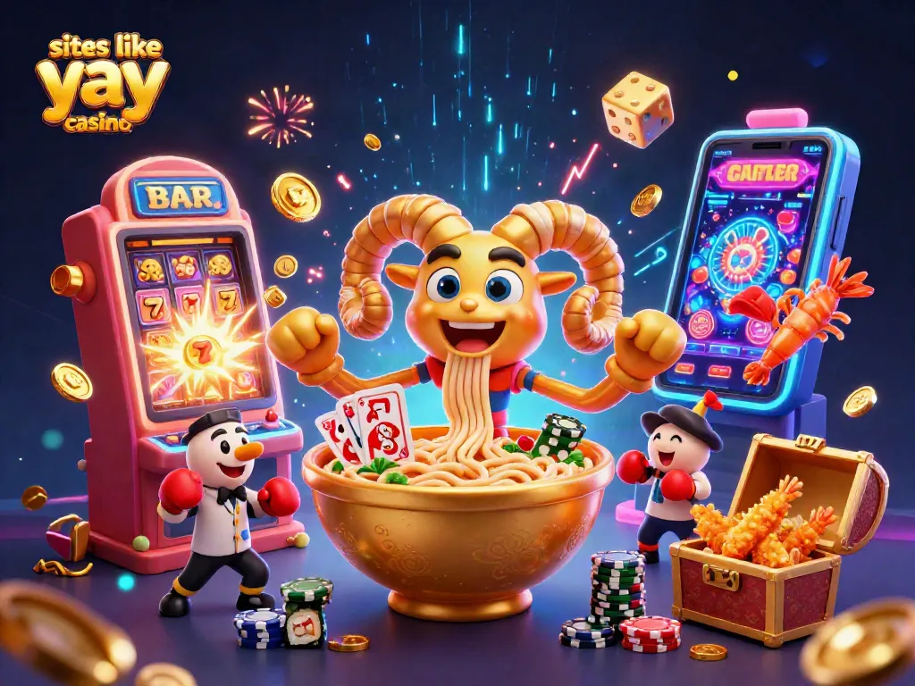 Play and win at sites like yay casino with exciting 3D illustration of characters and gaming elements.
