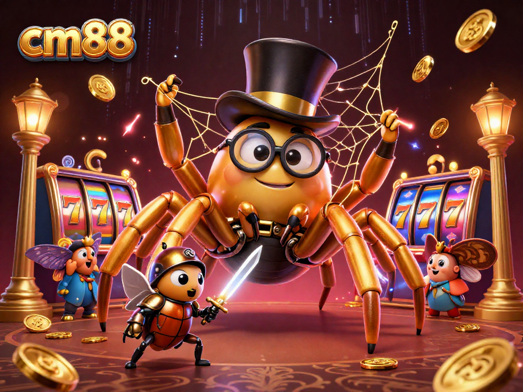 Engage with cm88's thrilling slot reels and golden tarantula in this vibrant casino scene.