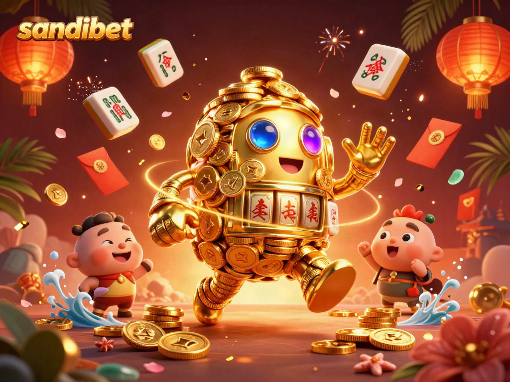 Engage with sandibet's exciting visuals, showcasing golden golem amidst dynamic casino elements.