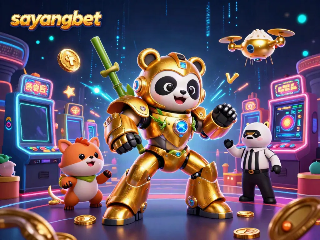 Engage in thrilling casino action with sayangbet in a vibrant game arena featuring a golden panda in mech-suit.