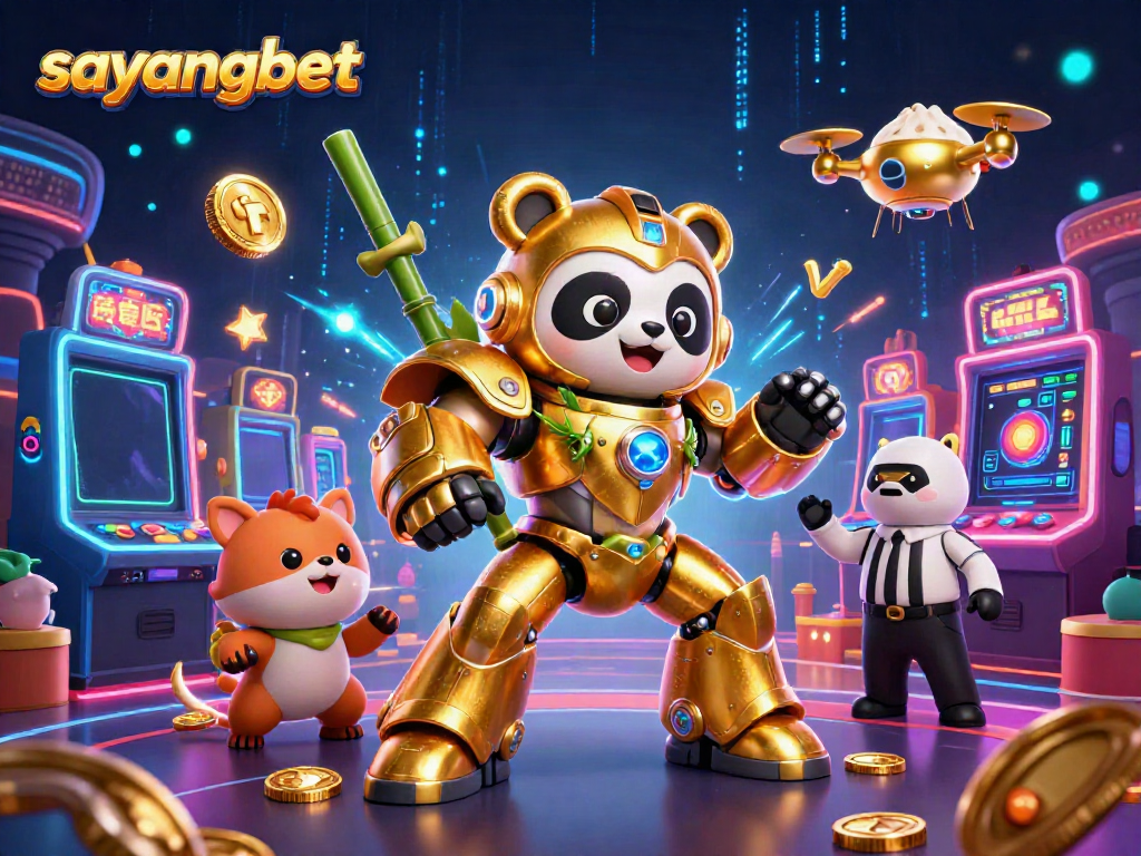 Engage in thrilling casino action with sayangbet in a vibrant game arena featuring a golden panda in mech-suit.