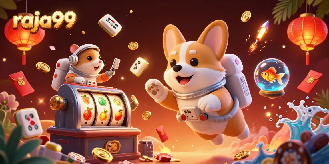 Experience raja99 with a vibrant 3D casino illustration depicting a cartoon astronaut corgi and friends enjoying games.