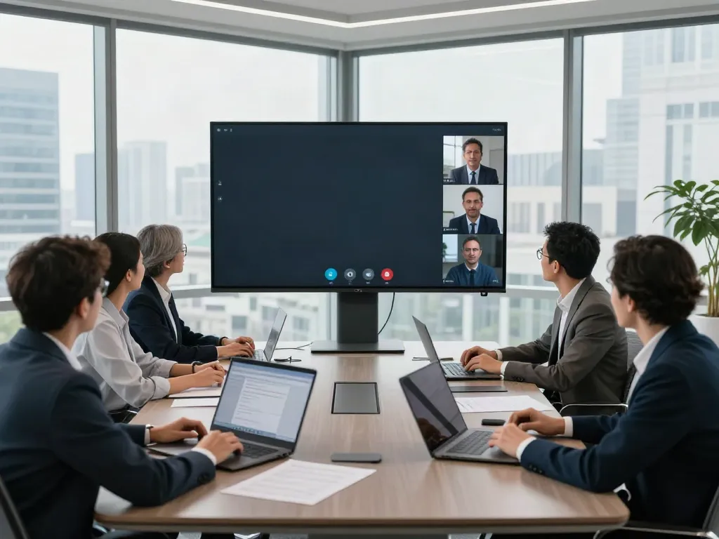 Deepfake-protected meetings in a modern corporate office with a diverse team collaborating.