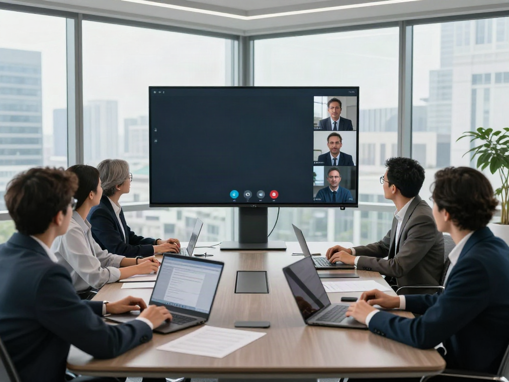 Deepfake-protected meetings in a modern corporate office with a diverse team collaborating.