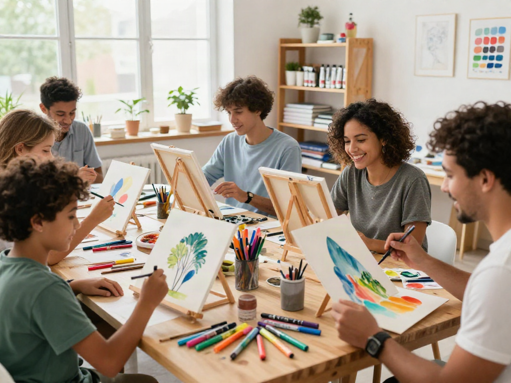 People participating in a watercolor workshop using markers wholesale to create vibrant art.