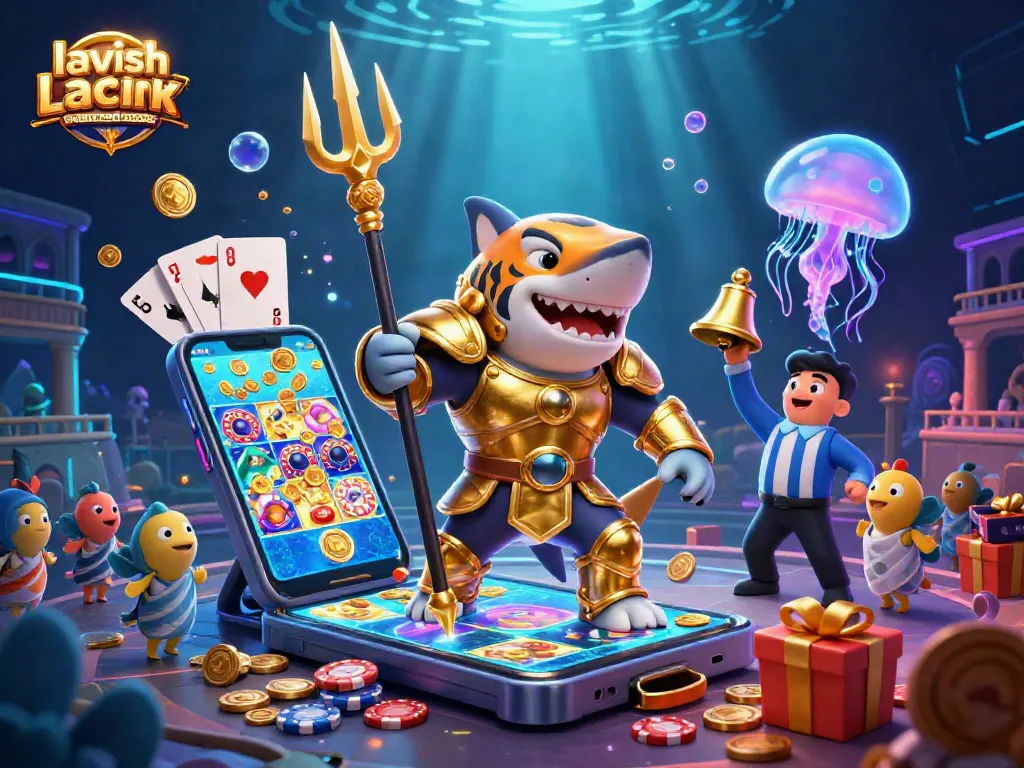 Engage with the lavish luck casino reward code in an underwater colosseum scene featuring a golden gladiator shark and casino elements.