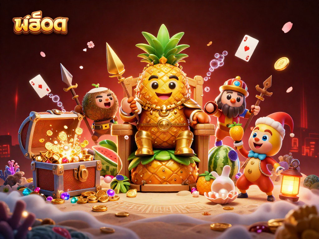 Spin the reels of สล็อต with a golden pineapple king and vibrant casino elements bursting with energy.